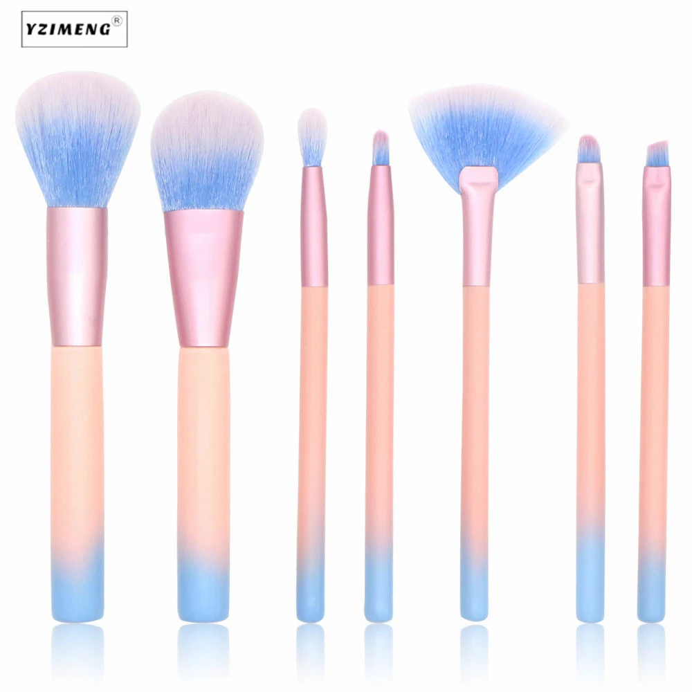 7Pcs Pink Blue Gradient Makeup Brushes Kit Eye Face Makeup Brush Fan