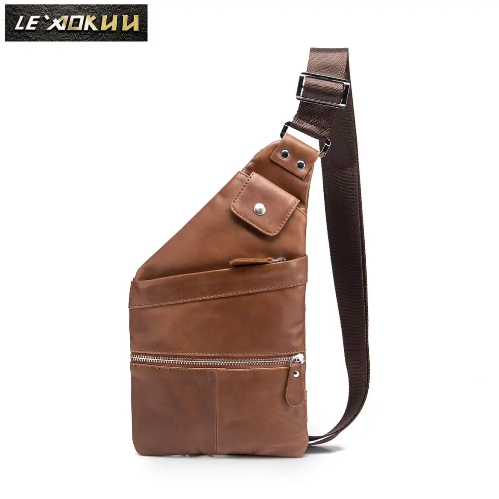 

Men Oil Wax Leather Casual Fashion Triangle Chest Sling Bag 8" Tablet Travel Design Tote One Shoulder Cross body Bag Male 20815