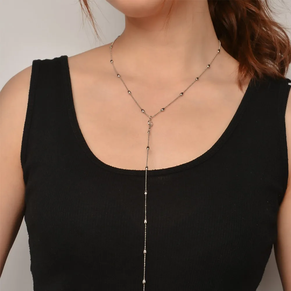 

Bohemia Slender Golden Color Rice-shaped Beads Alloy Chain Small Crystal Pendant Choker Necklace Charm Jewelry for Women