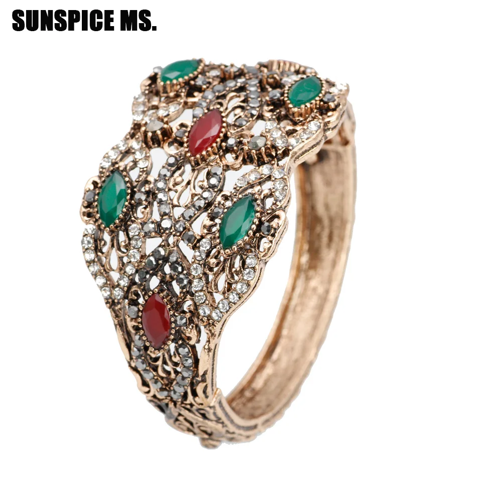 

Exquisite Turkish Women Vintage Bangle Jewelry Antique Gold Color Resin Crystal Wide Charm Bangle Bracelet Ethnic Wedding Bojoux