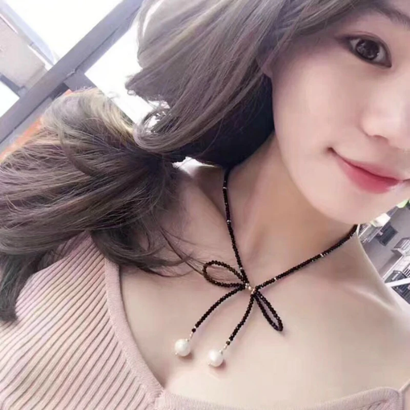 

JCYMONG Black Crystal Beads Bow Choker Necklace For Women Simulated Pearls Pendant Necklace Female Fashion Jewelry Gift 2019