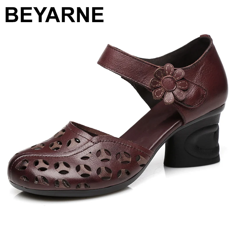 

BEYARNE 2019 Genuine Leather Women Sandals Summer Shoes 6CM High Heels Retro Handmade Women Shoes 2019 Hollow Out SandalsE270