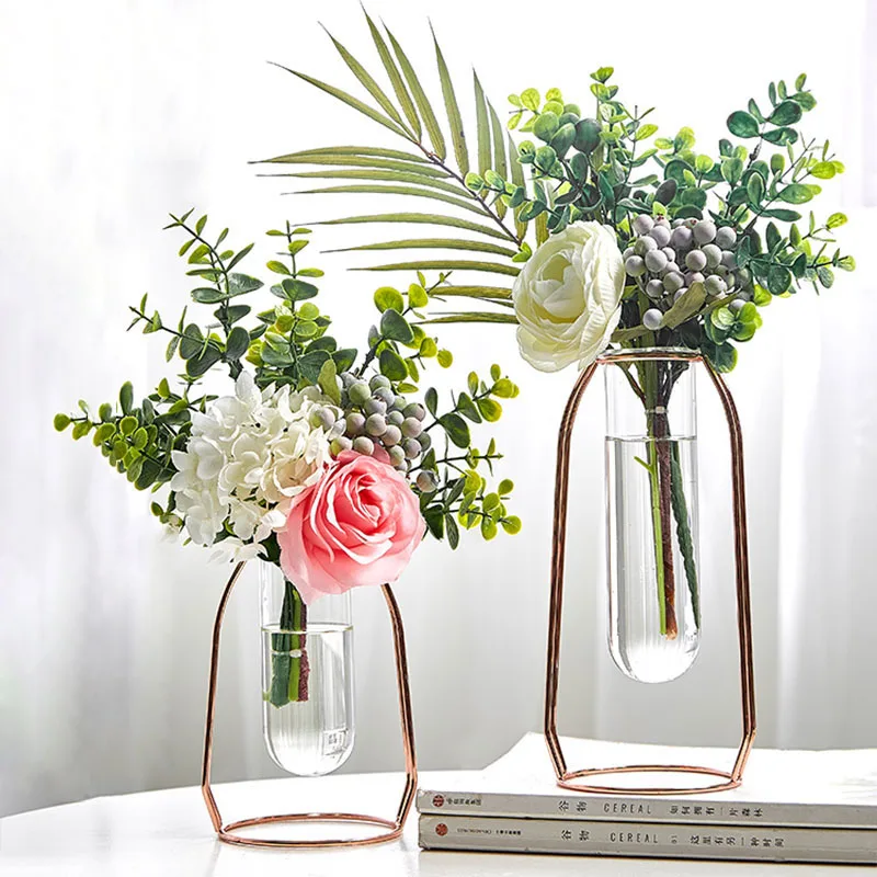 

Nordic Metal Iron Art Shelf Transparent Glass Vase Hydroponic Plant Flower Pot Tabletop Planters Home Decor Desktop Flower Vases