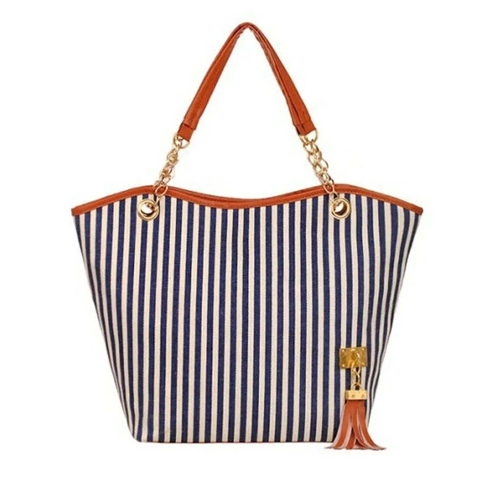 Women Stripe Tassels Chain Canvas Shopping Handbag Female Shoulder Bag Large Tote Shop Bag Beach bag ladies bags bolsa feminina