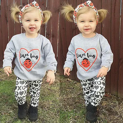 

2016 New Baby Girls Kids Toddler Long Sleeve Shirt Tops+Pants+Headband 3Pc Outfit Set
