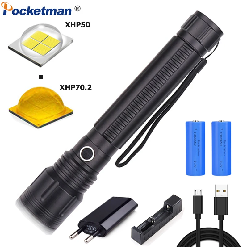 50000LM XHP70 LED Flashlight Tactical Zoomable Torch Lantern 5 Modes 18650 