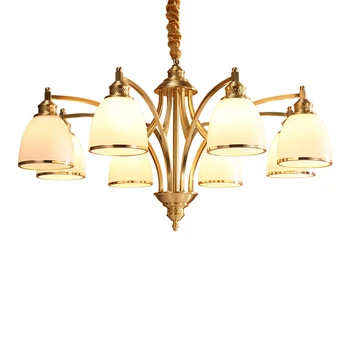

European Pure Copper Chandelier Lighting Suspendsion lamp Living Room Glass Lampshade Lustres hall dining Room flat apartment