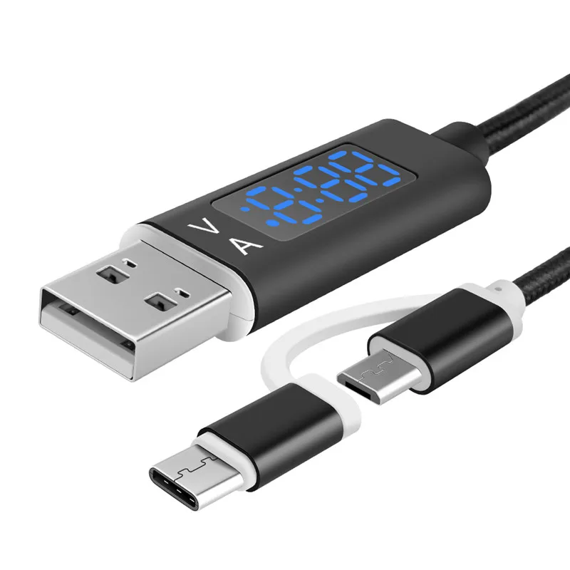 LEORY 2 в 1 type-c/Micro USB кабель для телефона Напряжение тока светодиодный дисплей type-c Micro USB синхронизации зарядный кабель для huawei mate 20