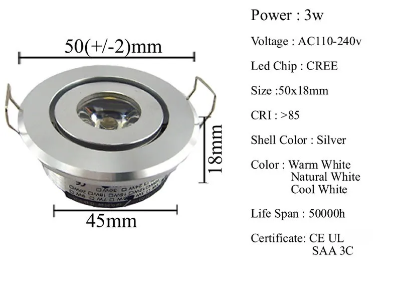 Мини светодиодный светильник, серебряный корпус, потолочный светильник в шкаф 3 Вт, точечный светильник s светодиодный светильник, светильник s AC110V 220 V, счетчик ламп CE UL SAA