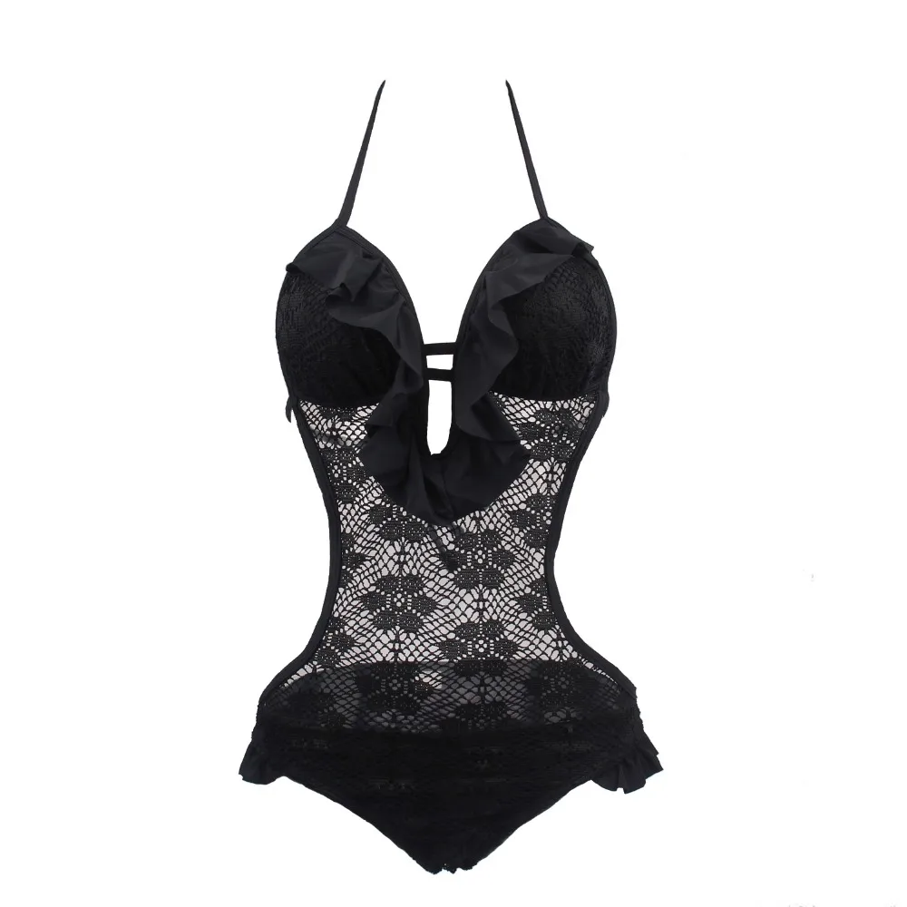 

2019 New One Piece Swimwear Womens Lace Mesh Ruffle Push Up Halter V Neck Padded Bikini One Piece Monokini Beach Wear Swimsuit