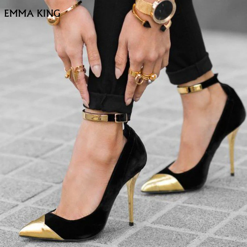 

2019Fashion Black and Gold Suede Ankle Strap Heels Stilettos Pumps Metallic Heels Party Shoes Woman Large Size Zapatos De Mujer