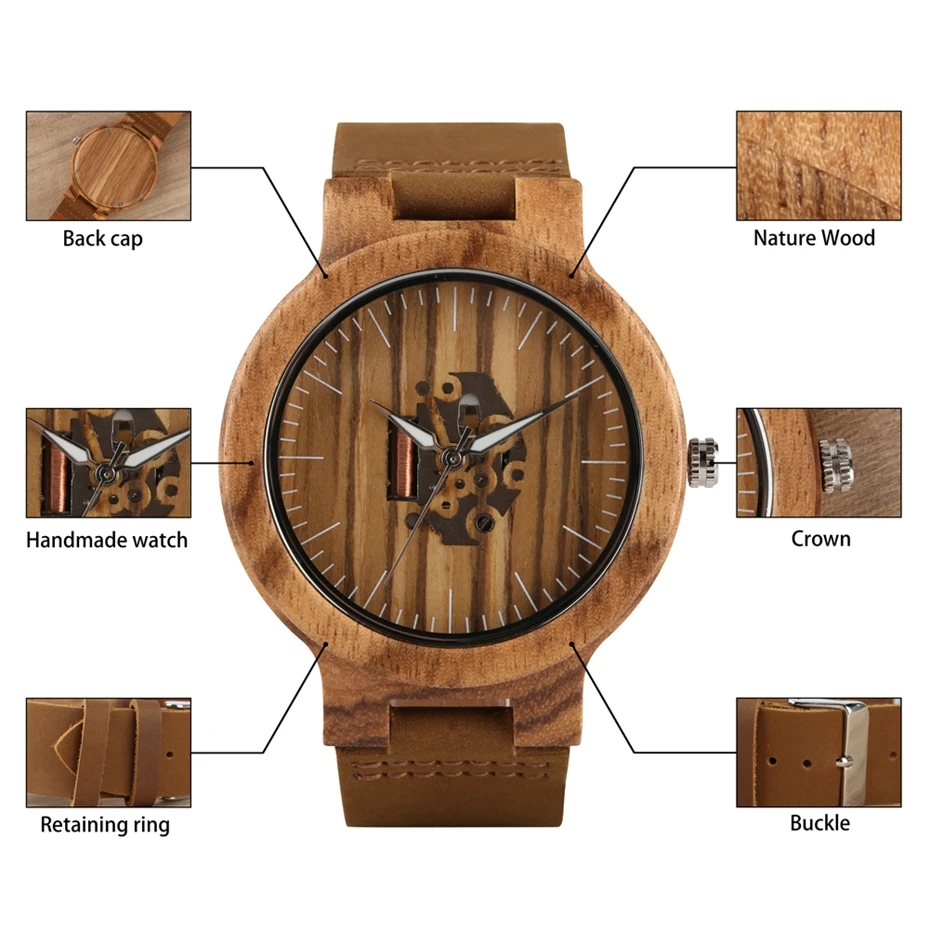 Wooden Watch Mens Watches Retro Zebra Stripe Round Analog Quartz Skeleton Dial Casual Cuff Sport Skeleton Clock Male Hours Gift 2020 2019 2021 (6)