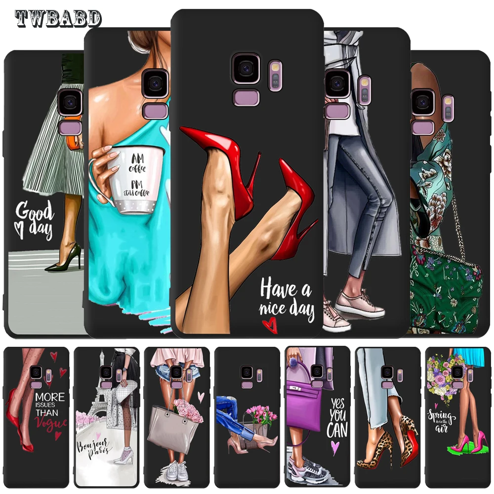 

Fashion Girl Case For Samsung Galaxy S9 S8 S10 Plus S7 S6 Edge S10 Lite Note9 8 High heels Coffee Flower Girl Phone Cover Etui