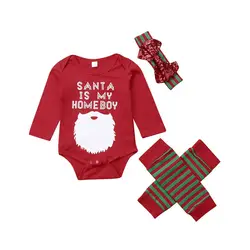 Рождество для маленьких девочек 4 шт. комплект одежды новорожденных для маленьких девочек с длинным рукавом Санта боди гетры повязка на