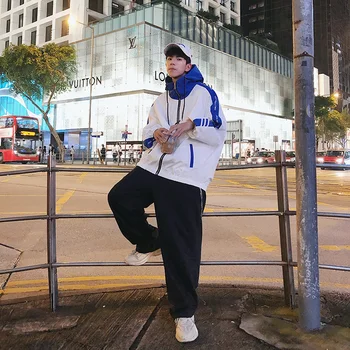 

Autumn New Men's Personality Fashion Wild Casual Youth Loose Temperament Cotton Color Matching Long-sleeved Hooded Jacket