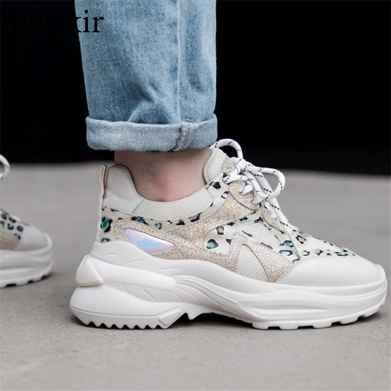 

2019 New Autumn Platform Sneakers Women Fashion Leopard Genuine Leather Vulcanized Shoes Chunky Sneakers Street Dad Shoe Femme