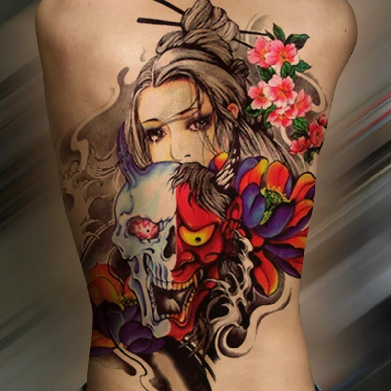 48 см* 34 см, водостойкая временная татуировка, наклейка для девушек, полная татуировка на всю спину, большой размер, большие поддельные татуировки для женщин Geisha Skulln, аниме