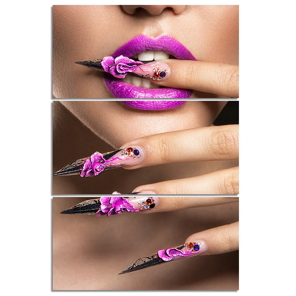 

Gopherwood 3 panel Canvas wall art Sexy Beauty Nail Art Painting Home decoration picture for living room Poster