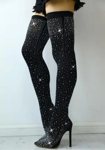 

Spring Cheap Woman Sexy Black Diamond Bling Bling Pointed Toe Thin Heels Slip On Over The Knee Slim Thigh Long Boots Lady