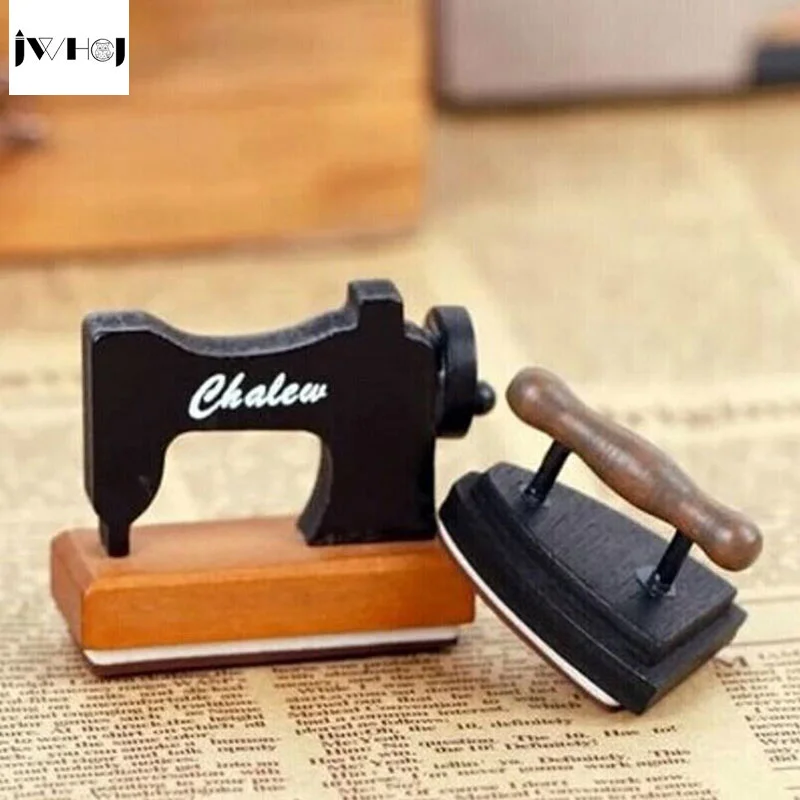

1pcs vintage stamp sewing machine&iron shape wooden stamp Happy birthday/Merci diy stamp for scrapbooking Photo Album Craft gift