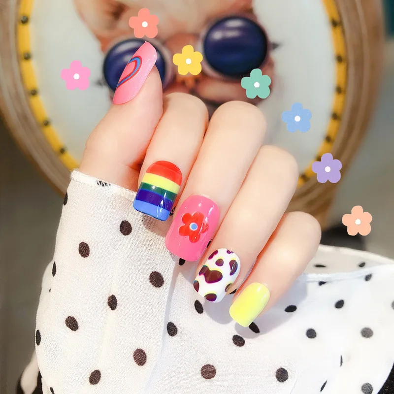 

24pcs Fashion Acrylic Fake Nails Tips Flower Rainbow Pattern Decorated for Fashion Nail Art Accessories High Quality Fake Nails
