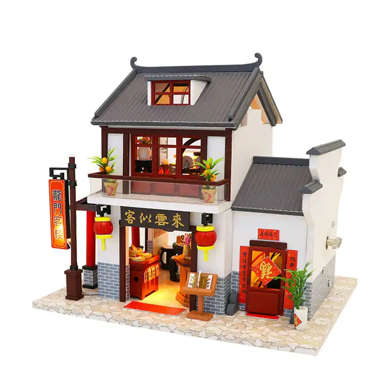 Miniature Chinese Style Inn Hotel Model Wooden Dollhouse Puzzle Furniture Kits Diy Dolls House Lights Christmas Birthday Gift Miniature Chinese Style Inn Hotel Model Wooden Dollhouse Puzzle Furniture Kits Diy Dolls House Lights Christmas Birthday Gift