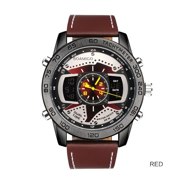 Мужские спортивные часы BOAMIGO, брендовые, мужские, кожаный, светодиодный, цифровые, кварцевые часы, наручные часы, 30 м, водонепроницаемые, мужские часы - Цвет: red