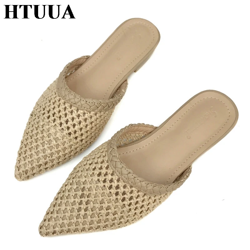 

HTUUA 2019 Hollow Weave Mules Shoes Women Slippers Slip On Summer Shoes Woman Pointed Toe Flat Heel Slides Ladies Sandals SX2532