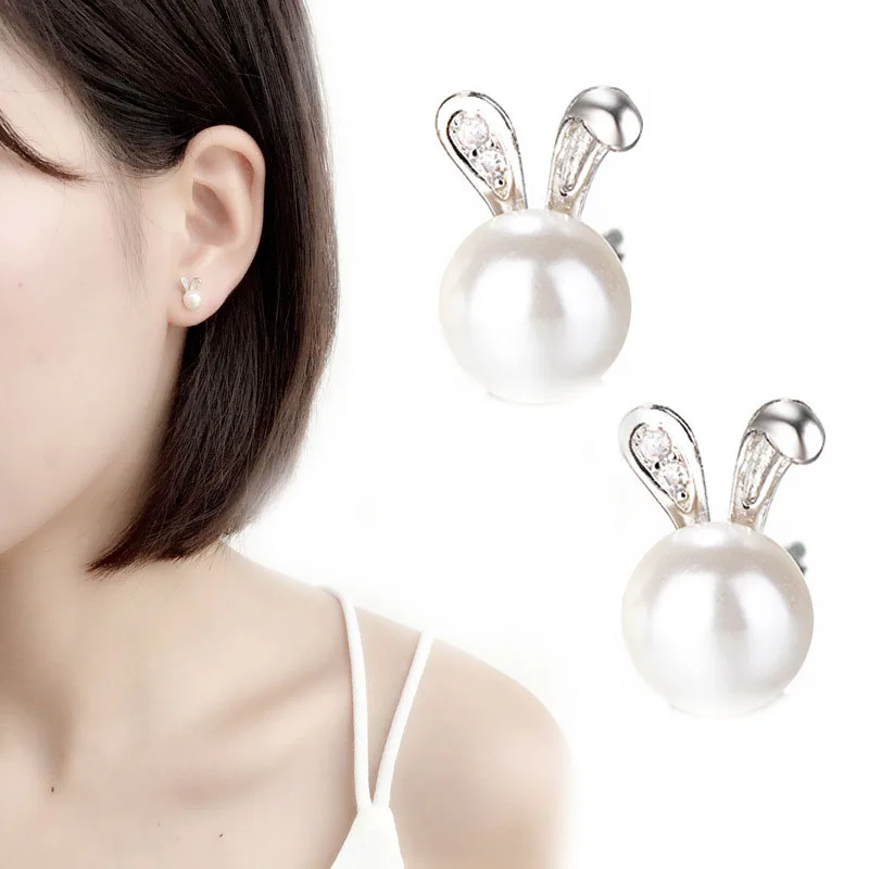 

New Arrival Silver Earrings Rabbit Stud Ear CZ Cute Rabbit Pearl Stud Earring For Baby Kids Girls Women Cute Party Gift Jewelry