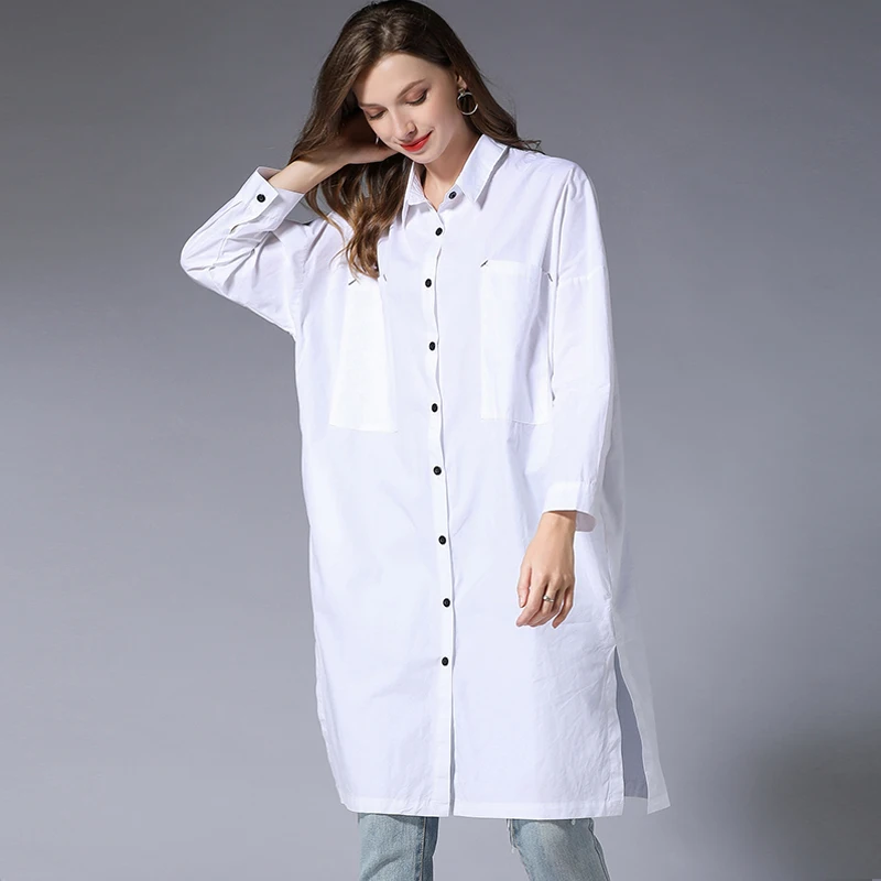 Women's Casual Shirts, Pure Cotton, Loose White Shirt, Long Sleeve, Big Yards, Open Fork, Black, XL to 4XL, Spring, New