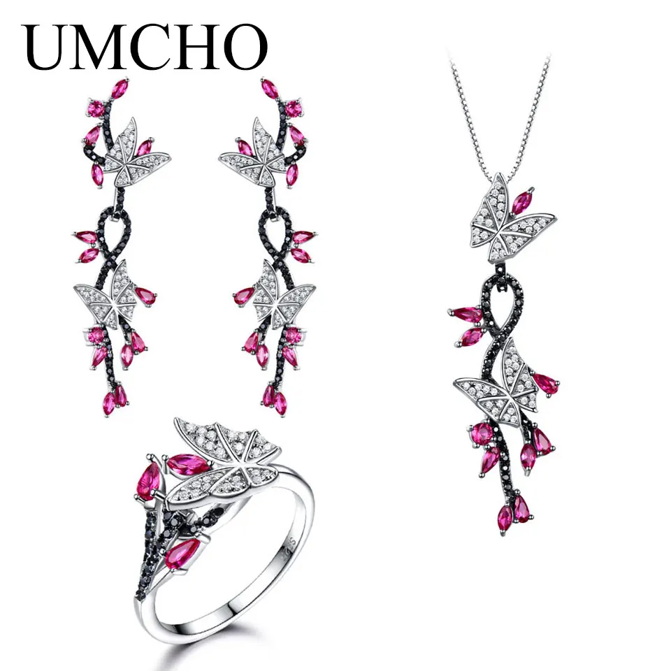 UMCHO создан рубиновые Наборы украшений с бабочкой 925 пробы серебряные ювелирные изделия Элегантное ожерелье кольца серьги для женщин Свадебные подарки - Цвет камня: Ruby