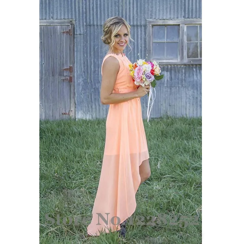 2017 Cheap Peach Lace Chiffon Bridesmaids Dresses Scoop High Low
