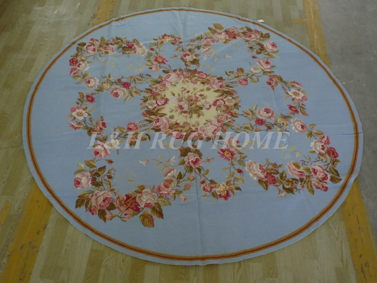 Free shipping 8'X8' Round Handmade Floral Blue Roses Wool Needlepoint Area Rug New Store Openning | Дом и сад