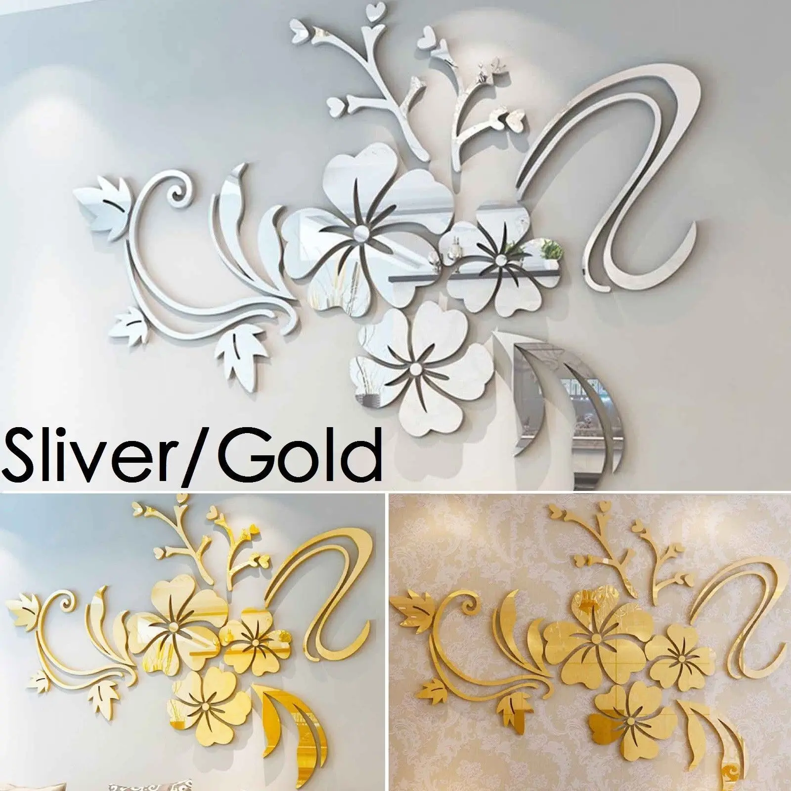 Espejo 3D extraíble flor arte pared pegatina Mural acrílico decoración de la habitación del hogar estilo chino ciruelo flor Espejos decorativos