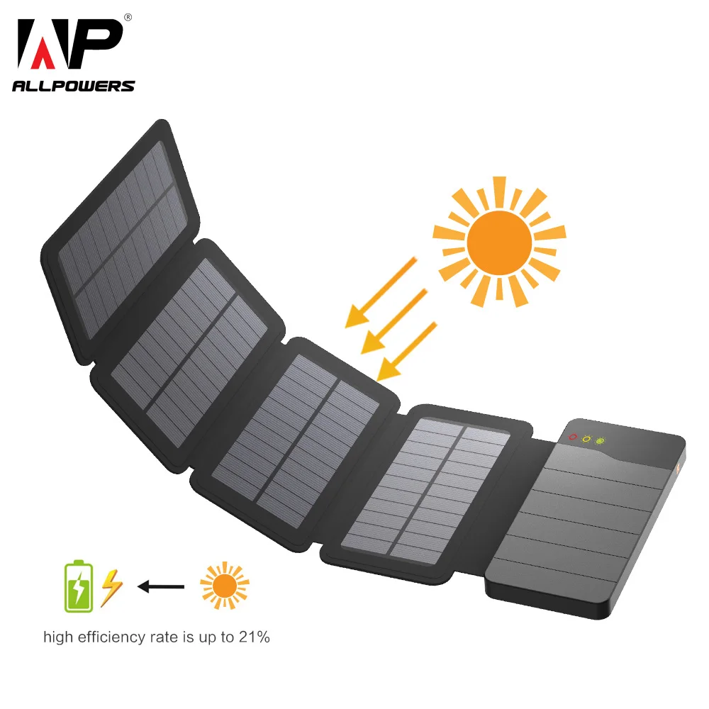 

ALLPOWERS 10000mAh Solar Power Bank Solar Panel Power Charger External Battery Backup for iPhone Samsung Huawei xiaomi outdoor
