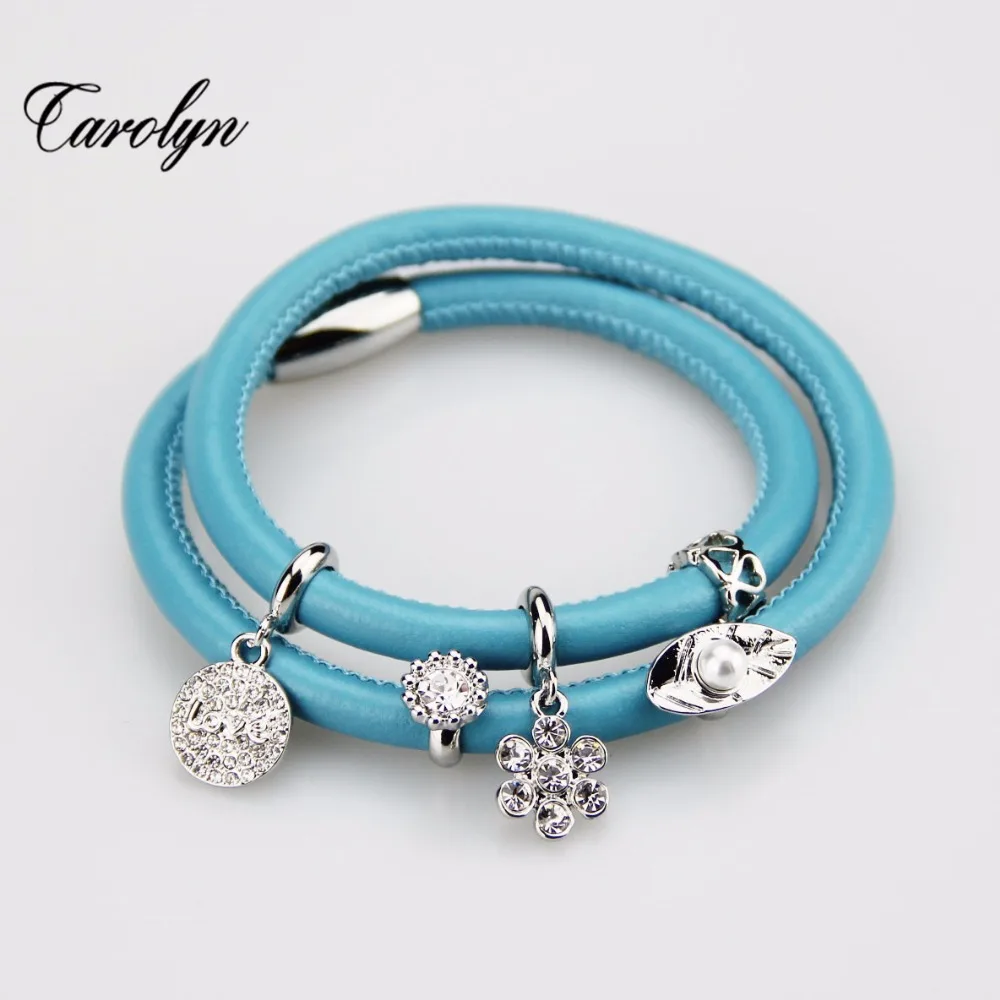 Luxury Design Sky Blue Genuine Leather Warp Bracelet Endless Charm