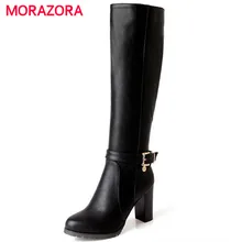 MORAZORA-Botas de tacón alto de piel sintética para mujer, botines hasta la rodilla con hebilla, para moto, Otoño e Invierno