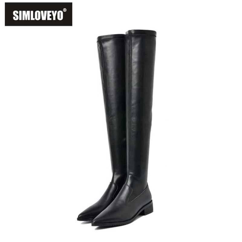 

SIMLOVEYO Women Over the knee Stretch Boots Pull on Pointed toe Low square heel Genuine leather Zipper Autumn Winter Big size
