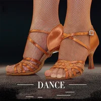 Latin Dance Shoes Woman Adult Soft Bottom Awl High Heel Salsa Square Dance Shoes BD Latin Shoes Genuine 2360-B Imported Satin 1