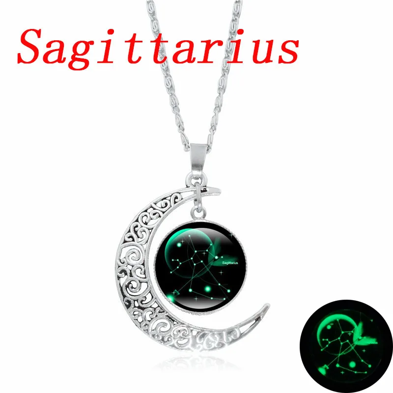 XUSHUI XJ 12 Созвездие стекло кабошон кулон ожерелье серебро полумесяц ювелирные изделия цепь ожерелье для женщин Девушка семья подарки - Окраска металла: Sagittarius