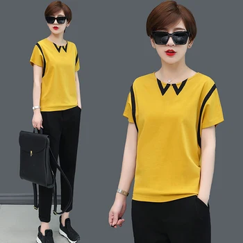 

Short-sleeved T-shirt female 2019 summer new loose thin large size shirt solid color round neck stitching cotton shirt