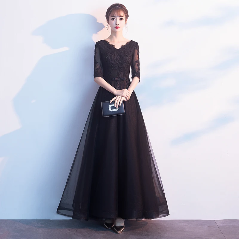 

In Stock Tulle V-Neck Half Sleeve with Appliques Sash Evening Dresses Long Robe de soiree Abendkleider Formal Dress Long Dress