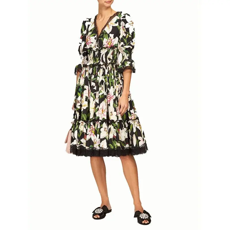

2019 summer new half sleeve lily print V-neck cotton women's dress 190612LU03
