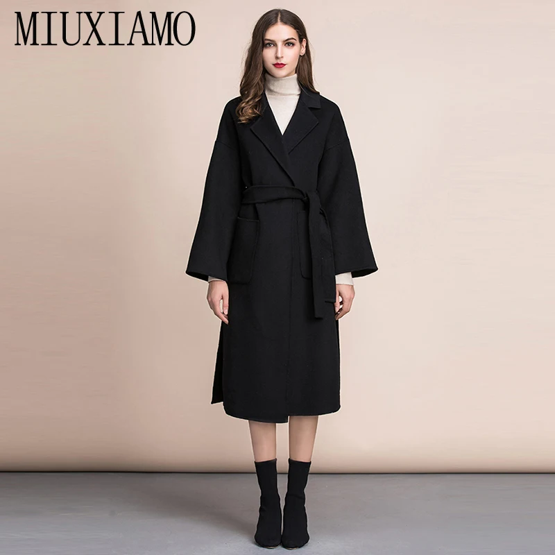

MIUXIMAO TOP QUALITY 2019 fall Winter coat 100% Pure Wool Black Over Coat Women Long Coat vestidos with Belt