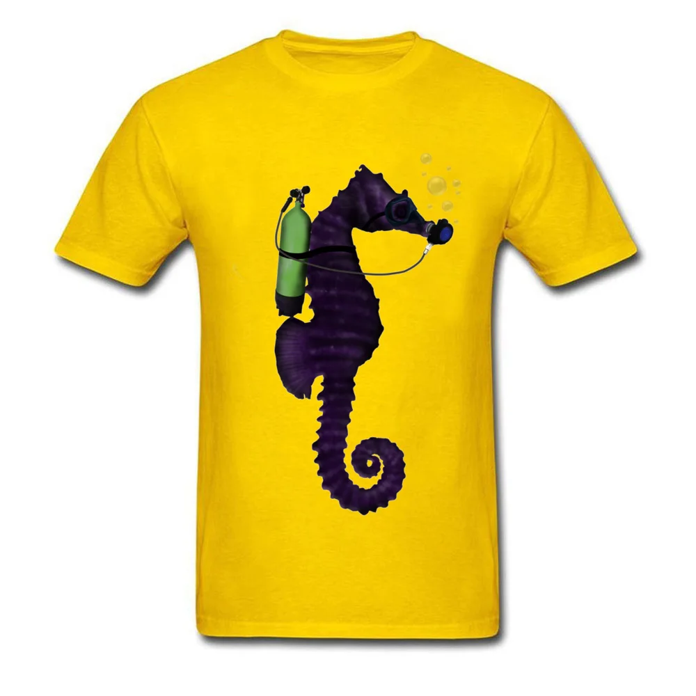 SCUBA SEAHORSE 100% Cotton Tshirts for Men Short Sleeve Funny Tops T Shirt Cheap VALENTINE DAY Crew Neck Tops Shirts Design SCUBA SEAHORSE yellow