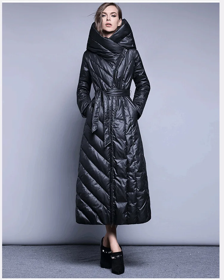 Осенне-зимнее длинное пальто, женская парка размера плюс, пуховик на белом утином пуху, женская зимняя куртка с капюшоном для женщин, PP059