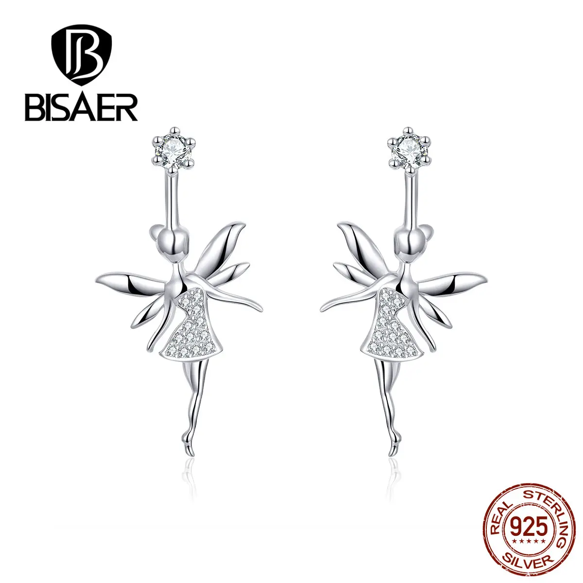 

BISAER Elegant 100% 925 Sterling Silver Perfect Polished Design Dancing Fairy Shape Stud Earring Fine Jewelry For Women GAE144