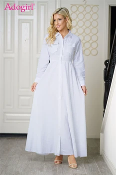 

Adogirl Women White Long Shirt Dress Turn Down Collar Long Sleeve Elastic Waist Maxi Evening Party Dresses Office Lady Work Wear