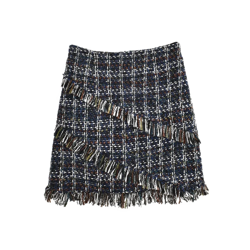 

PERHAPS U pencil skirt vintage zipper sexy mini high waist short chic tweed tassel elegant winter S0094