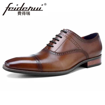 

New Vintage Genuine Leather Men's Handmade Carved Office Oxfords Square Toe Man Formal Dress Semi Brogue Business Shoes BQL110